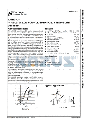 LMH6505MA datasheet - Wideband, Low Power, Linear-in-dB, Variable Gain Amplifier