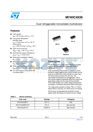 M74HC4538B1R datasheet - Dual retriggerable monostable multivibrator
