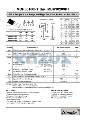 MBR30100PT datasheet - Wide Temperature Range and High Tjm Schottky Barrier Rectifiers