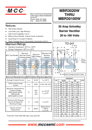 MBR30100W datasheet - 30 Amp Schottky Barrier Rectifier 20 to 100 Volts