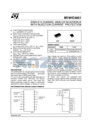 M74HC4851 datasheet - SINGLE 8 CHANNEL ANALOG MUX/DEMUX WITH INJECTION CURRENT PROTECTION