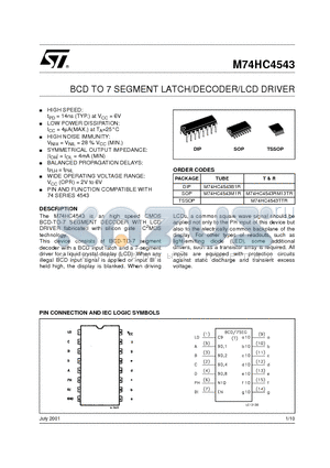 M74HC4543 datasheet - BCD TO 7 SEGMENT LATCH/DECODER/LCD DRIVER