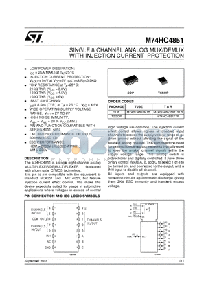 M74HC4851M1R datasheet - SINGLE 8 CHANNEL ANALOG MUX/DEMUX WITH INJECTION CURRENT PROTECTION