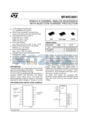 M74HC4851MWR datasheet - SINGLE 8 CHANNEL ANALOG MUX/DEMUX WITH INJECTION CURRENT PROTECTION