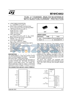 M74HC4852 datasheet - DUAL 4:1 CHANNEL ANALOG MUX/DEMUX WITH INJECTION CURRENT PROTECTION
