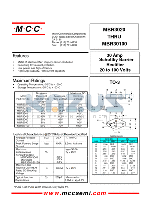 MBR3020 datasheet - 30 Amp Rectifier 20 to 100 Volts Schottky Barrier