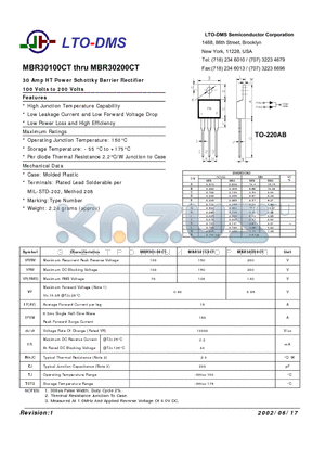 MBR30200CT datasheet - 30 Amp HT Power Schottky Barrier Rectifier 100 Volts to 200 Volts