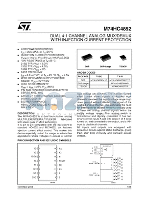 M74HC4852MWR datasheet - DUAL 4:1 CHANNEL ANALOG MUX/DEMUX WITH INJECTION CURRENT PROTECTION