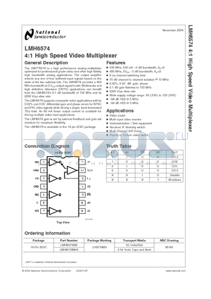 LMH6574 datasheet - 4:1 High Speed Video Multiplexer