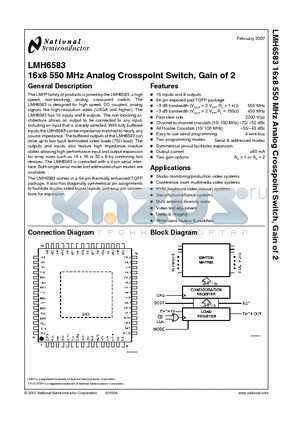 LMH6583 datasheet - 16x8 550 MHz Analog Crosspoint Switch, Gain of 2