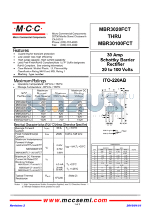 MBR3020FCT datasheet - 30 Amp Schottky Barrier Rectifier 20 to 100 Volts