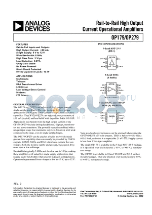 OP279 datasheet - Rail-to-Rail High Output Current Operational Amplifiers