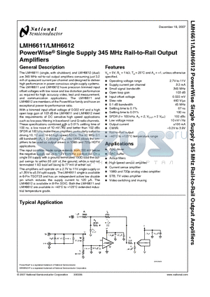 LMH6611 datasheet - PowerWise^ Single Supply 345 MHz Rail-to-Rail Output Amplifiers