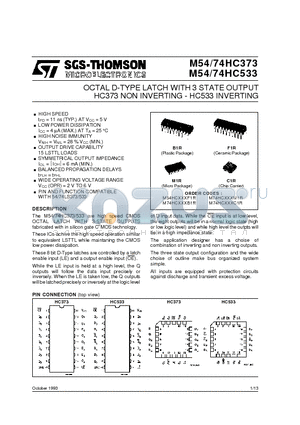 M74HC533 datasheet - OCTAL D-TYPE LATCH WITH 3 STATE OUTPUT HC373 NON INVERTING - HC533 INVERTING