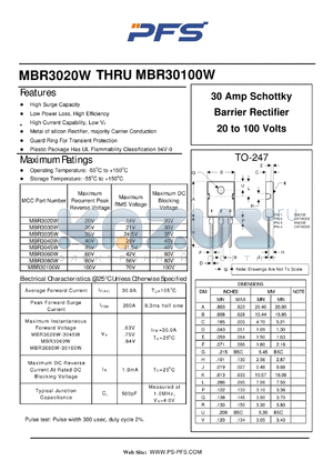MBR3020W datasheet - 30 Amp Schottky Barrier Rectifier 20 to 100 Volts