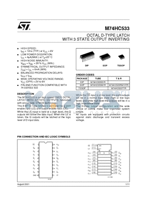 M74HC533 datasheet - OCTAL D-TYPE LATCH WITH 3 STATE OUTPUT INVERTING