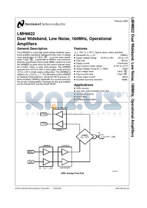LMH6622MAX datasheet - Dual Wideband, Low Noise, 160MHz, Operational Amplifiers