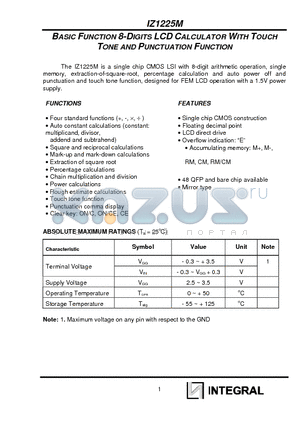 IZ1225MR datasheet - BASIC FUNCTION 8-DIGITS LCD CALCULATOR WITH TOUCH TONE AND PUNCTUATION FUNCTION