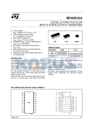 M74HC534M1R datasheet - OCTAL D-TYPE FLIP FLOP WITH 3 STATE OUTPUT INVERTING