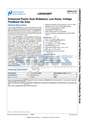 LMH6628EP datasheet - Enhanced Plastic Dual Wideband, Low Noise, Voltage Feedback Op Amp