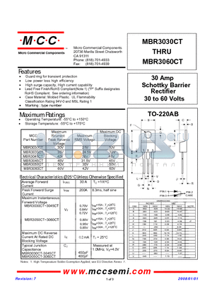 MBR3035CT datasheet - 30 Amp Schottky Barrier Rectifier 30 to 60 Volts