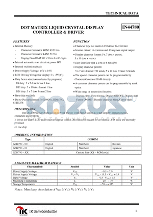IZ44780-XX datasheet - DOT MATRIX LIQUID CRYSTAL DISPLAY CONTROLLER & DRIVER