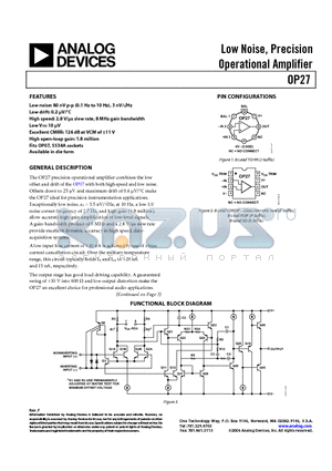 OP27GJ datasheet - Low Noise, Precision Operational Amplifier