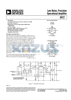 OP27FP datasheet - Low-Noise, Precision Operational Amplifier