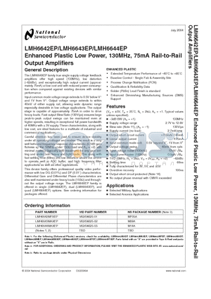 LMH6643MAXEP datasheet - Enhanced Plastic Low Power, 130MHz, 75mA Rail-to-Rail Output Amplifiers