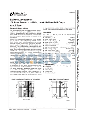 LMH6642 datasheet - 3V, Low Power, 130MHz, 75mA Rail-to-Rail Output Amplifiers