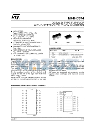 M74HC574 datasheet - OCTAL D-TYPE FLIP FLOP WITH 3 STATE OUTPUT NON INVERTING