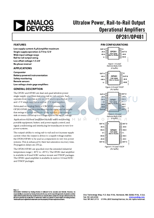 OP281GRU-REEL datasheet - Ultralow Power, Rail-to-Rail Output Operational Amplifiers