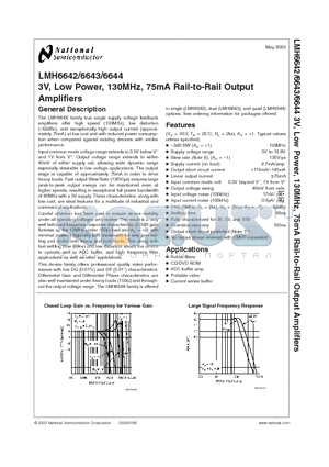LMH6643MA datasheet - 3V, Low Power, 130MHz, 75mA Rail-to-Rail Output Amplifiers
