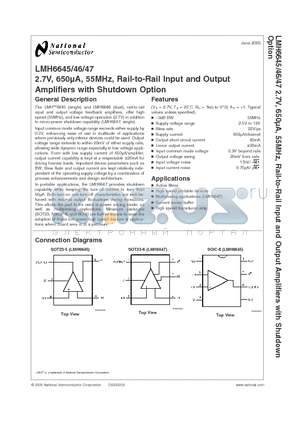 LMH6645 datasheet - 2.7V, 650lA, 55MHz, Rail-to-Rail Input and Output Amplifiers with Shutdown Option