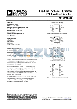 OP282ARMZ-REEL datasheet - Dual/Quad Low Power, High Speed JFET Operational Amplifiers