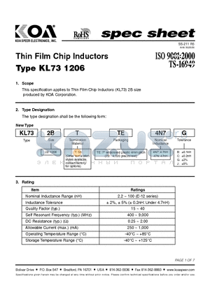 KL732BTTE5N6 datasheet - Thin Film Chip Inductors