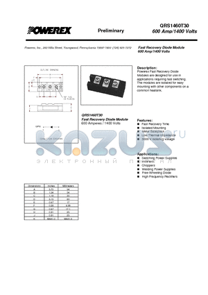 QRS1460T30 datasheet - Fast Recovery Diode Module (600 Amp/1400 Volts)