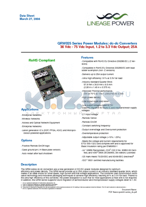 QRW025A0F1Z datasheet - 36 Vdc - 75 Vdc Input, 1.2 to 3.3 Vdc Output; 25A