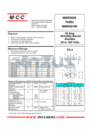 MBR3045 datasheet - 30 Amp Rectifier 20 to 100 Volts Schottky Barrier