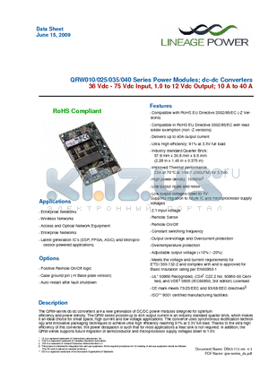 QRW040A0S1R01 datasheet - 36 Vdc - 75 Vdc Input, 1.0 to 12 Vdc Output; 10 A to 40 A