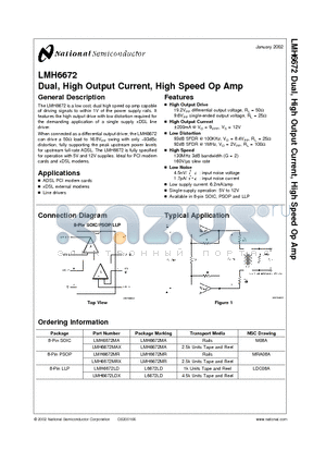 LMH6672MRX datasheet - Dual, High Output Current, High Speed Op Amp