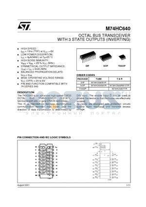 M74HC640M1R datasheet - OCTAL BUS TRANSCEIVER WITH 3 STATE OUTPUTS (INVERTING)