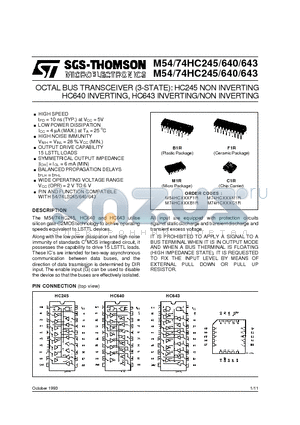 M74HC643 datasheet - OCTAL BUS TRANSCEIVER 3-STATE: HC245 NON INVERTING HC640 INVERTING, HC643 INVERTING/NON INVERTING