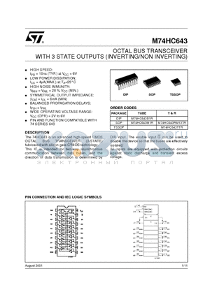 M74HC643 datasheet - OCTAL BUS TRANSCEIVER WITH 3 STATE OUTPUTS INVERTING/NON INVERTING