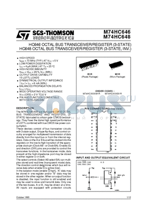 M74HC646M1R datasheet - HC648 OCTAL BUS TRANSCEIVER/REGISTER 3-STATE, INV. HC646 OCTAL BUS TRANSCEIVER/REGISTER 3-STATE