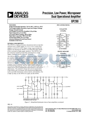 OP290AZ datasheet - Precision, Low Power, Micropower Dual Operational Amplifier