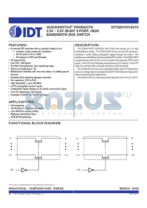 QS3VH16210 datasheet - QUICKSWITCH - TM PRODUCTS 2.5V / 3.3V 20 - BIT 2 - PORT, HIGH BANDWIDTH BUS SWITCH