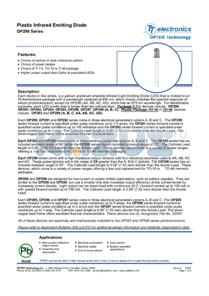 OP290 datasheet - Plastic Infrared Emitting Diode