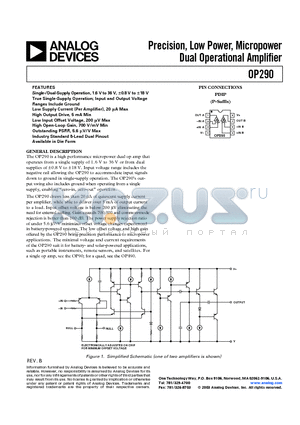 OP290 datasheet - Precision, Low Power, Micropower Dual Operational Amplifier