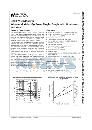 LMH6720 datasheet - Wideband Video Op Amp; Single, Single with Shutdown and Quad